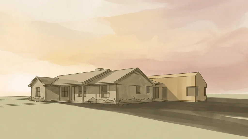 Editorial illustration of a single-story DFW ranch house with a newly built rear wing addition at golden hour