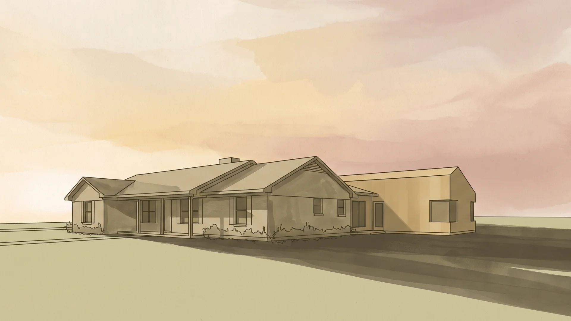 Editorial illustration of a single-story DFW ranch house with a newly built rear wing addition at golden hour