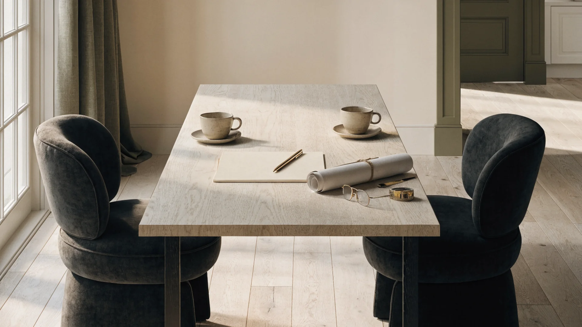 A pale oak dining table set for a remodeling conversation in a Dallas&ndash;Fort Worth home, with two coffee cups facing each other across it, a blank notepad, a brass pen, a rolled set of drawings, a tape measure and reading glasses &mdash; design study
