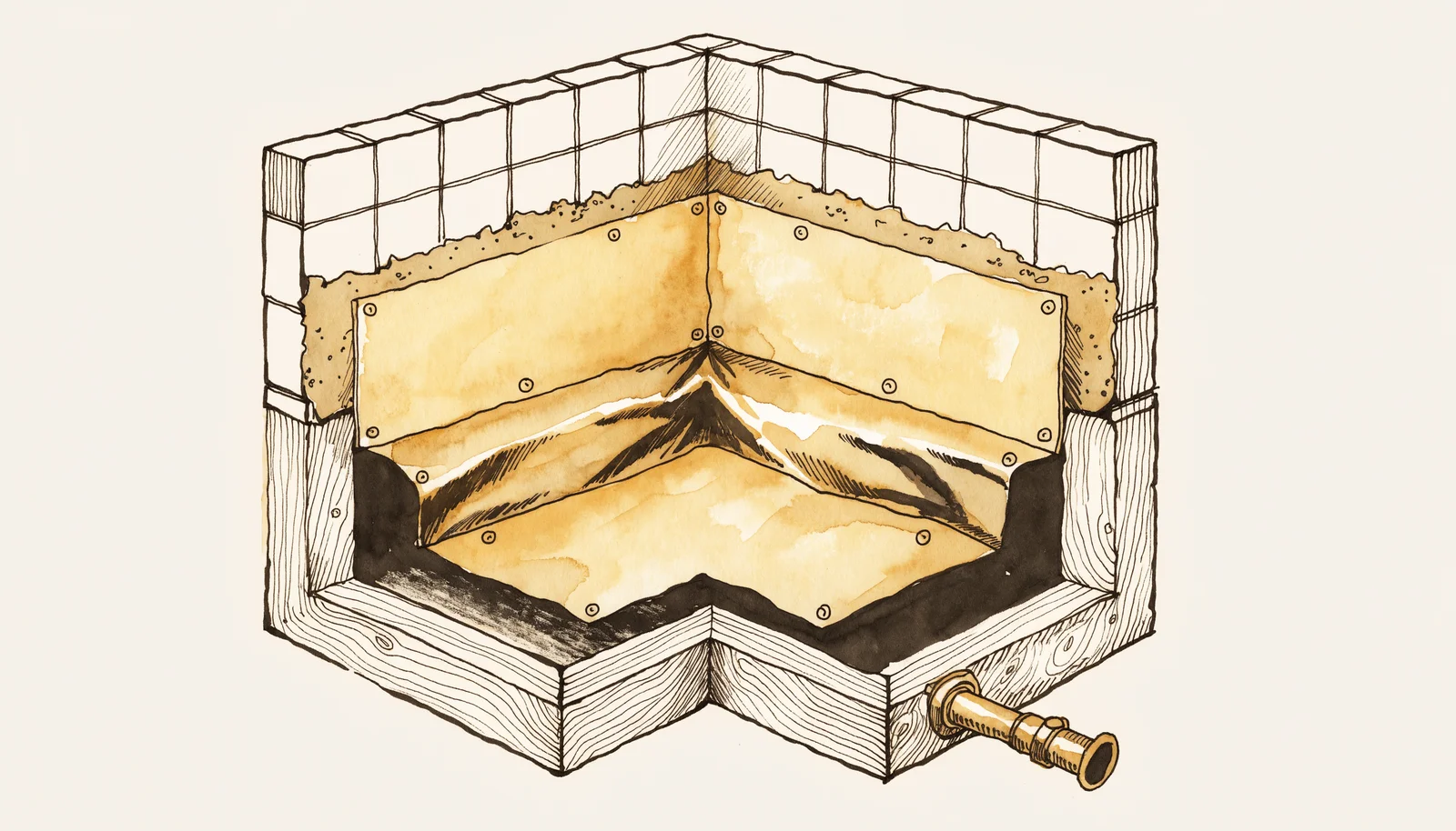 Ink-and-wash cutaway of a shower wet wall showing waterproofing membrane layers beneath tile, design study