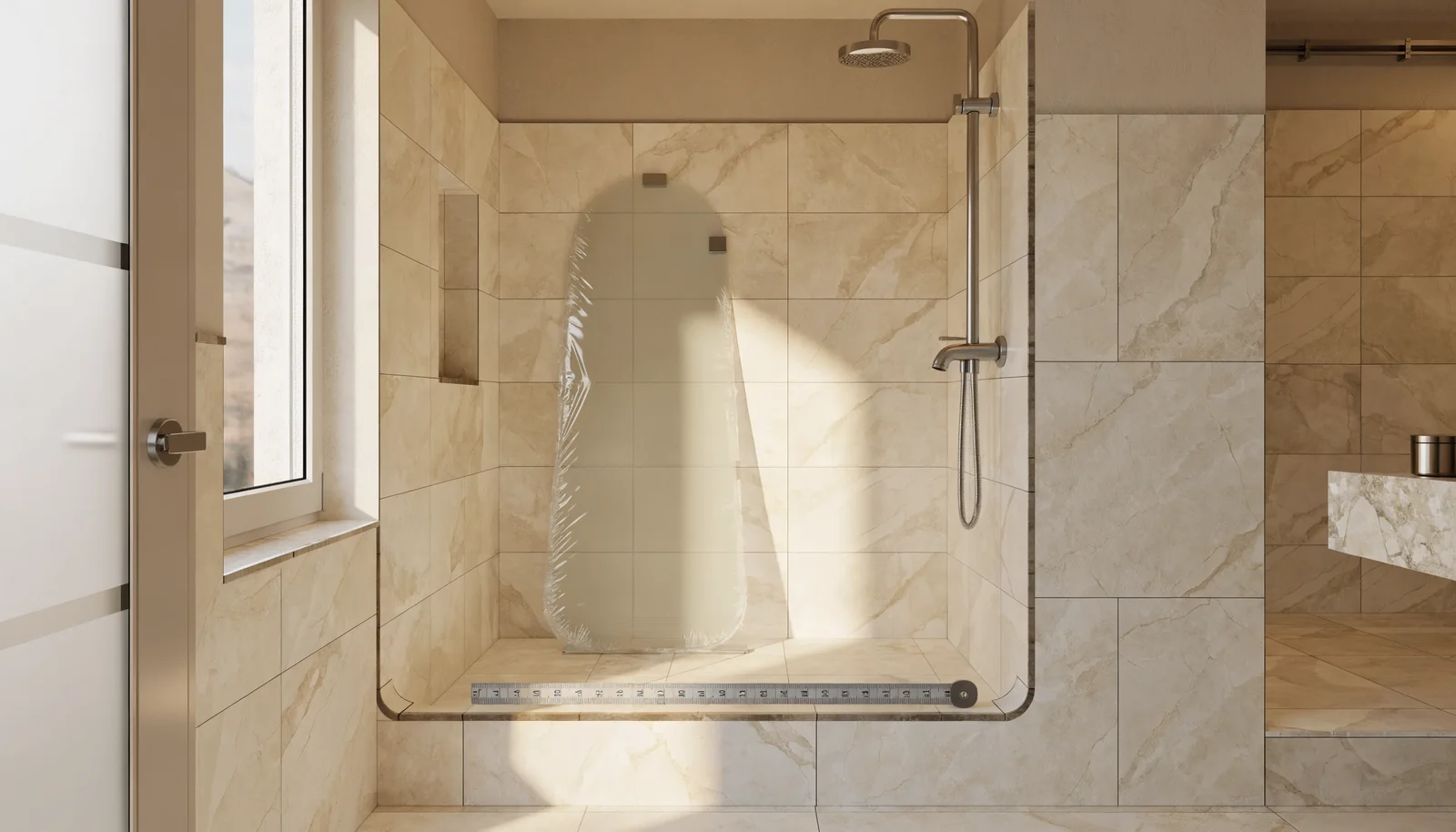 Ink-and-wash vignette of a finished tiled shower opening being measured for a frameless glass enclosure, design study