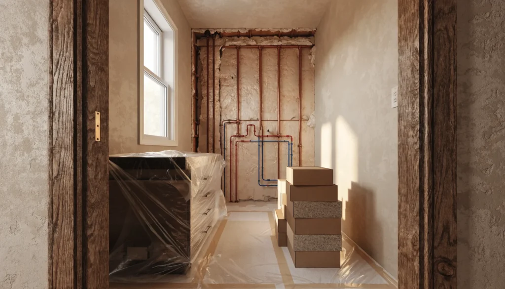 Ink-and-wash illustration of a bathroom mid-remodel with exposed wet wall, stacked tile and a taped-off floor, design study