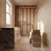 Ink-and-wash illustration of a bathroom mid-remodel with exposed wet wall, stacked tile and a taped-off floor, design study