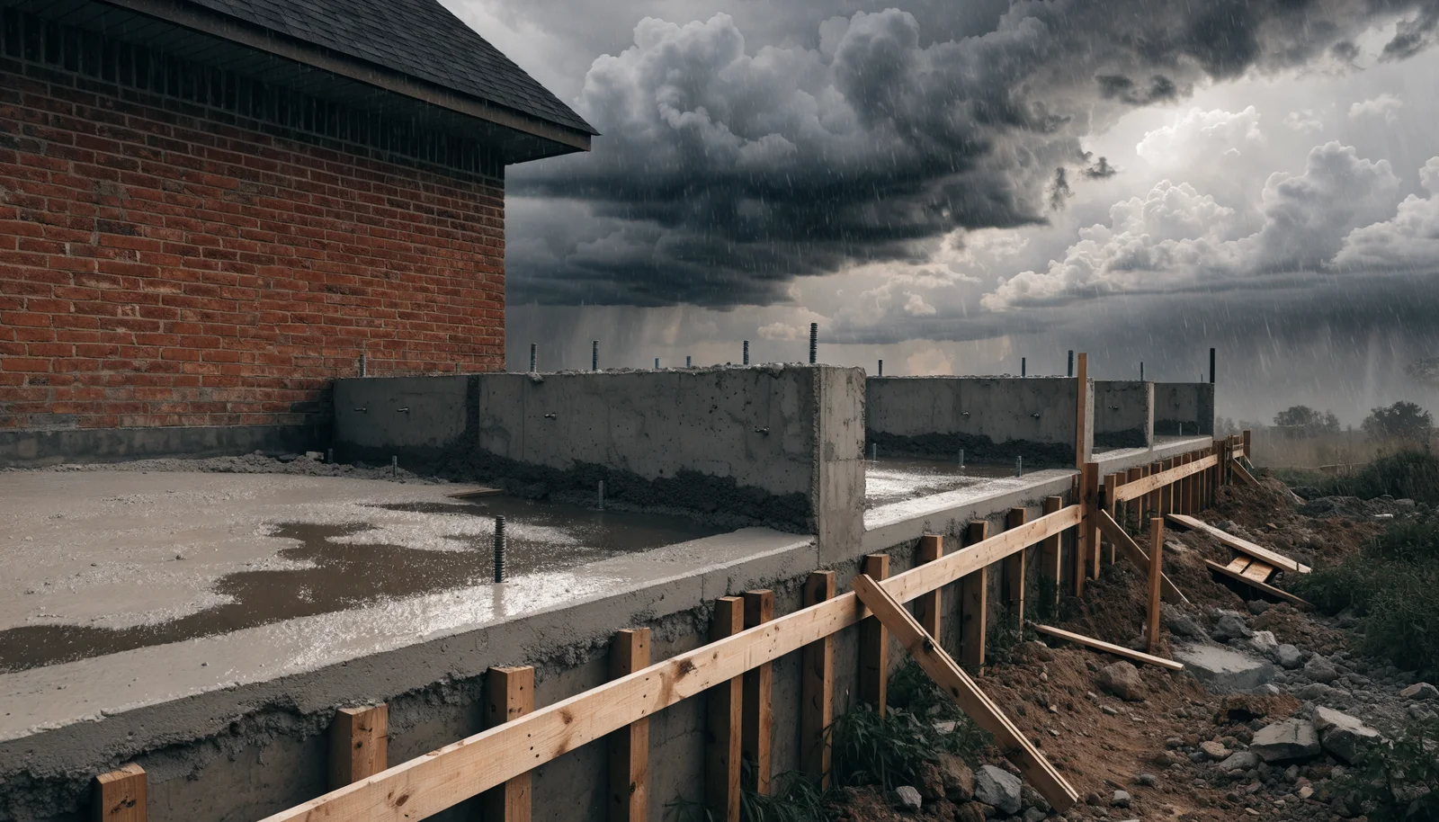 Ink-and-wash vignette of a freshly formed addition foundation beside an existing slab under a stormy North Texas sky, design study