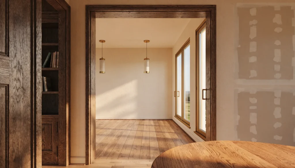 Photorealistic visualization of a newly framed family room addition opening onto an existing DFW home interior in warm cream and brass tones, design study