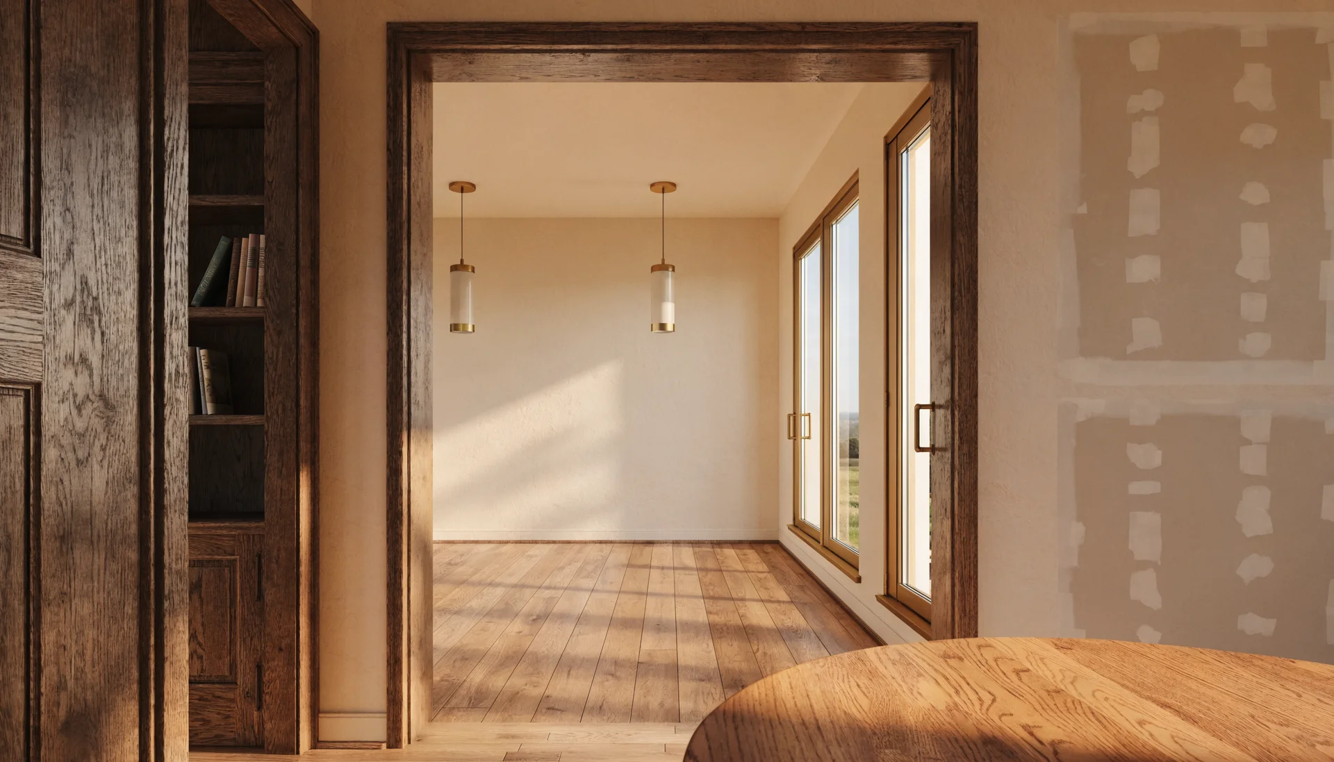 Photorealistic visualization of a newly framed family room addition opening onto an existing DFW home interior in warm cream and brass tones, design study