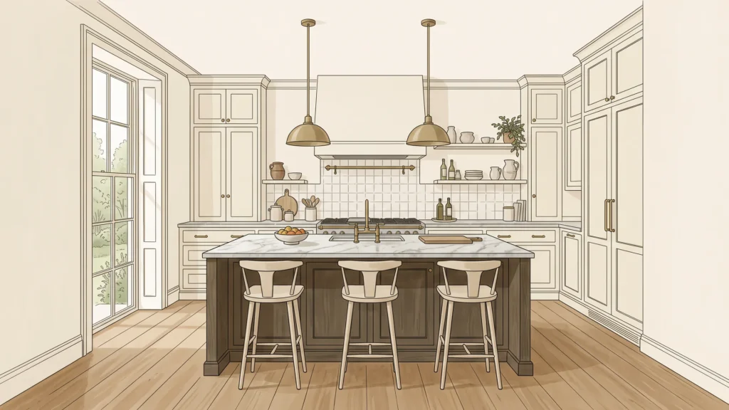 Editorial illustration of a large marble kitchen island with three stools and brass pendant lights
