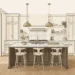 Editorial illustration of a large marble kitchen island with three stools and brass pendant lights