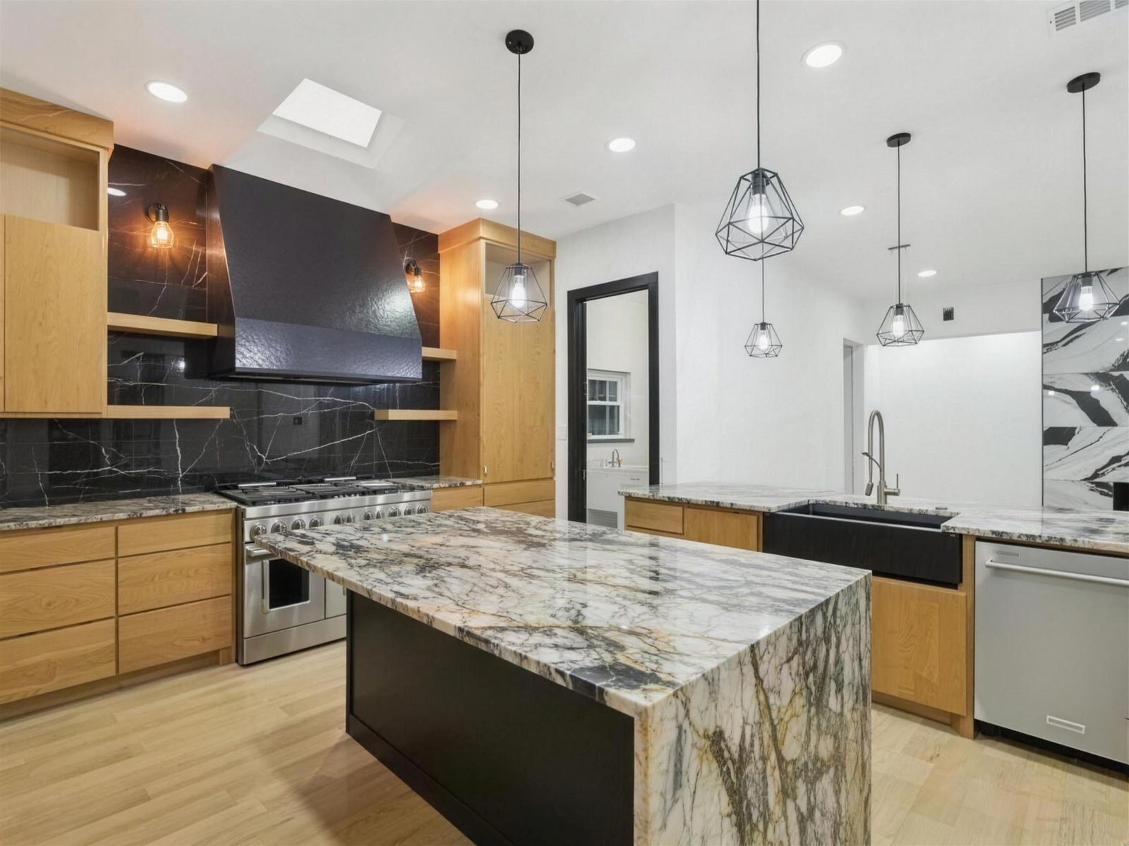 Kitchen remodel in Plano, TX — marble waterfall island — UHS Remodeling project