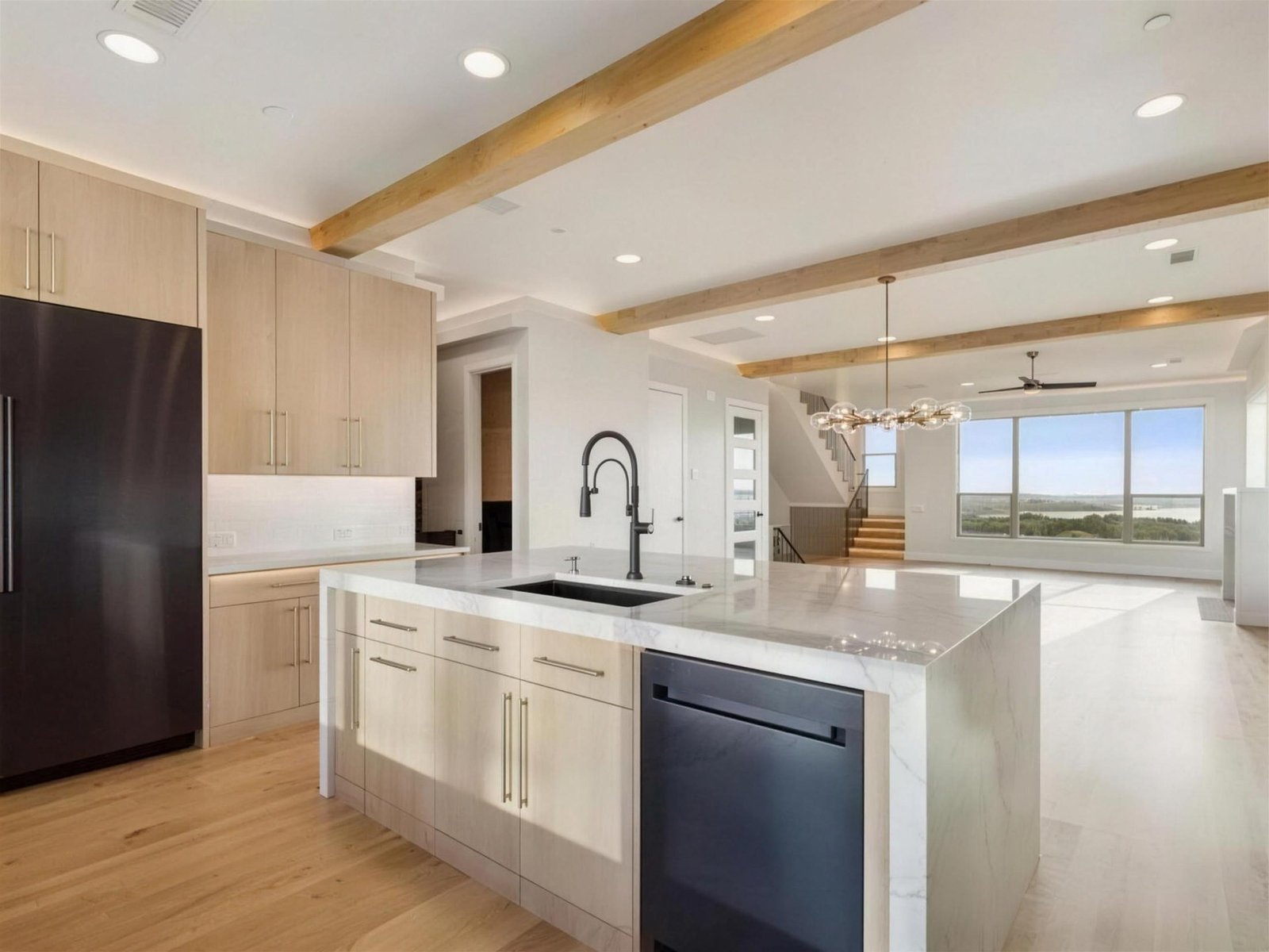 Kitchen remodel in The Colony, TX — waterfall island wood beams — UHS Remodeling project