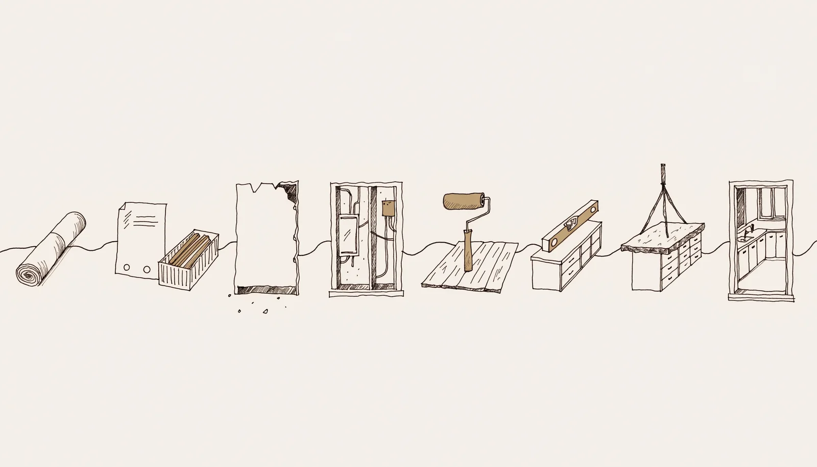 Ink-and-wash sequence diagram of eight kitchen remodel stages from design through final walkthrough, design study