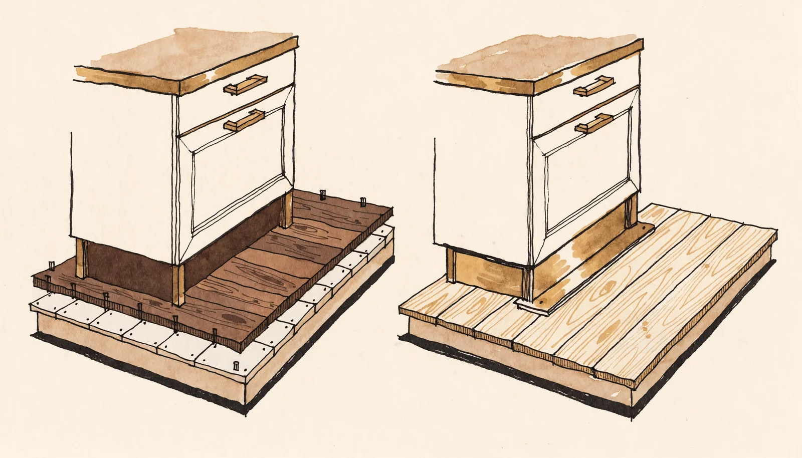 Ink-and-wash cutaway comparing a fastened floor running under a kitchen cabinet with a floating floor stopping at the cabinet line, design study