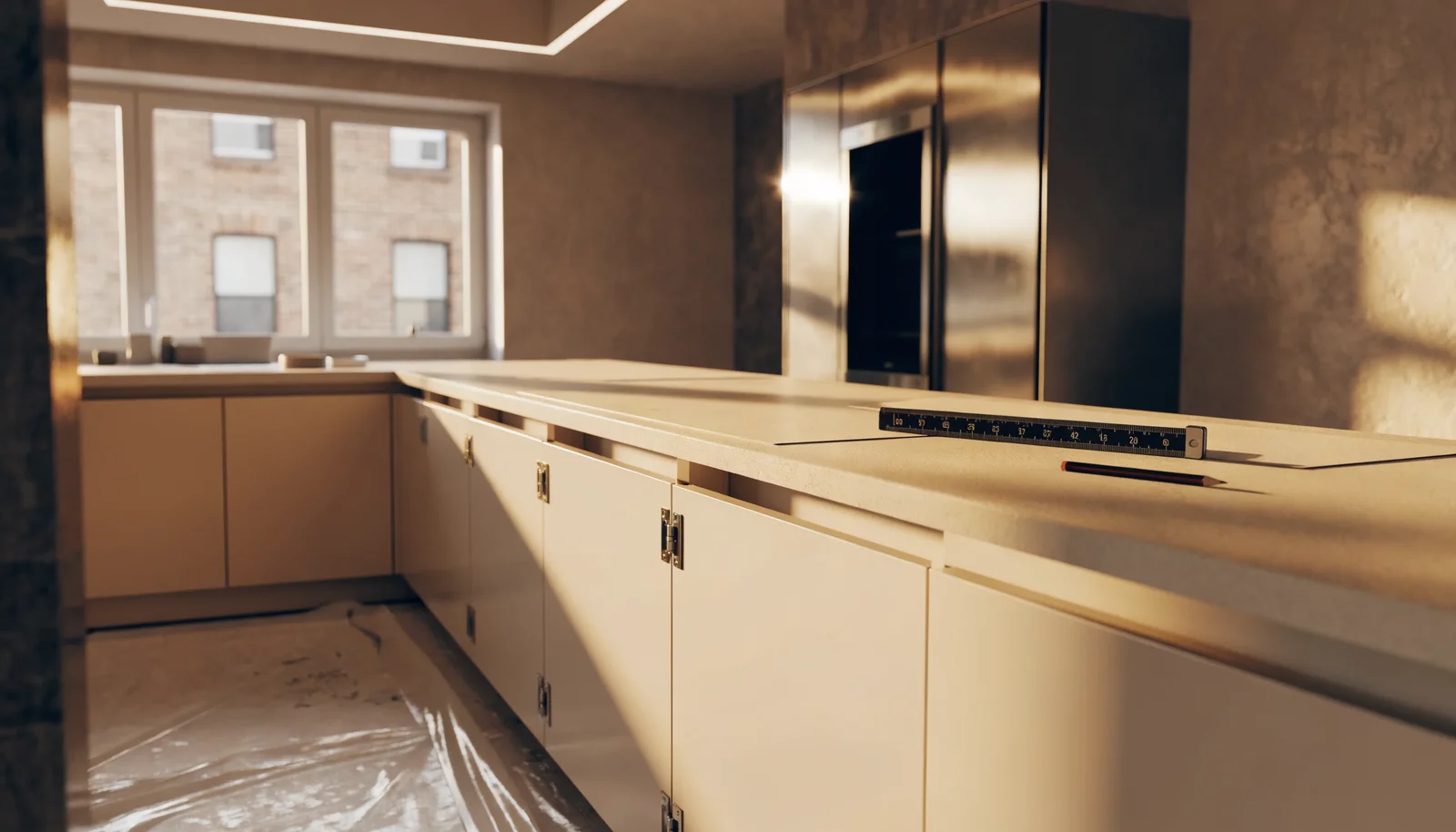 Ink-and-wash vignette of a countertop template being fitted across installed kitchen cabinet runs, design study