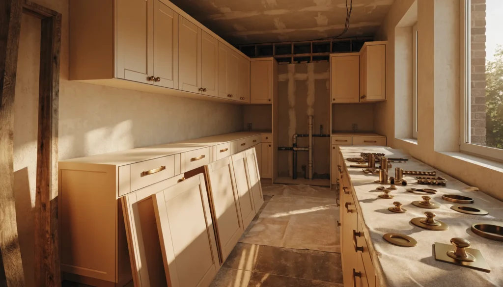 Photorealistic interior-design visualization render of a cream and brass DFW kitchen at the cabinet installation stage of a remodel, design study