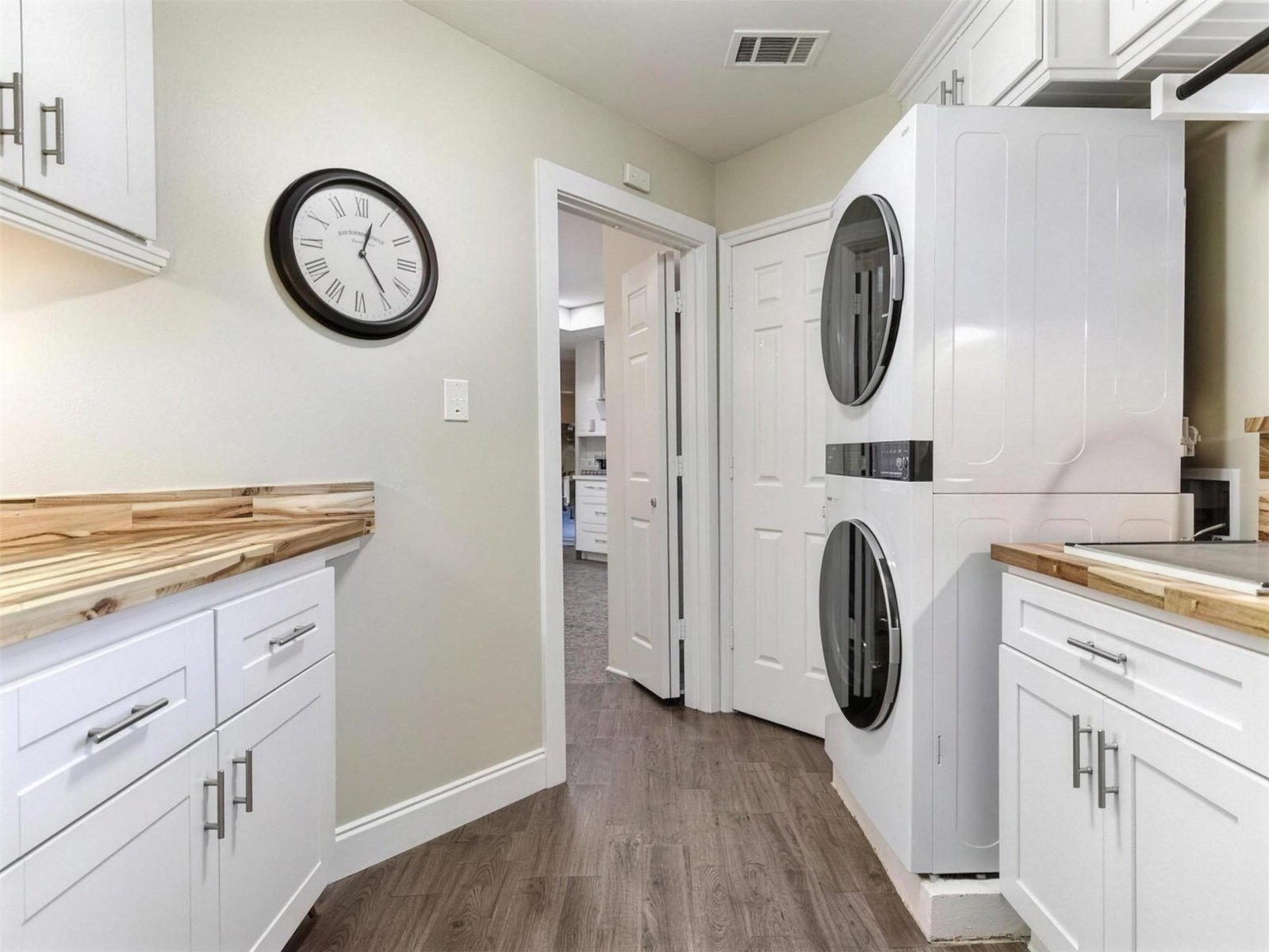 Laundry room remodel in Carrollton, TX — butcher block wall clock — UHS Remodeling project