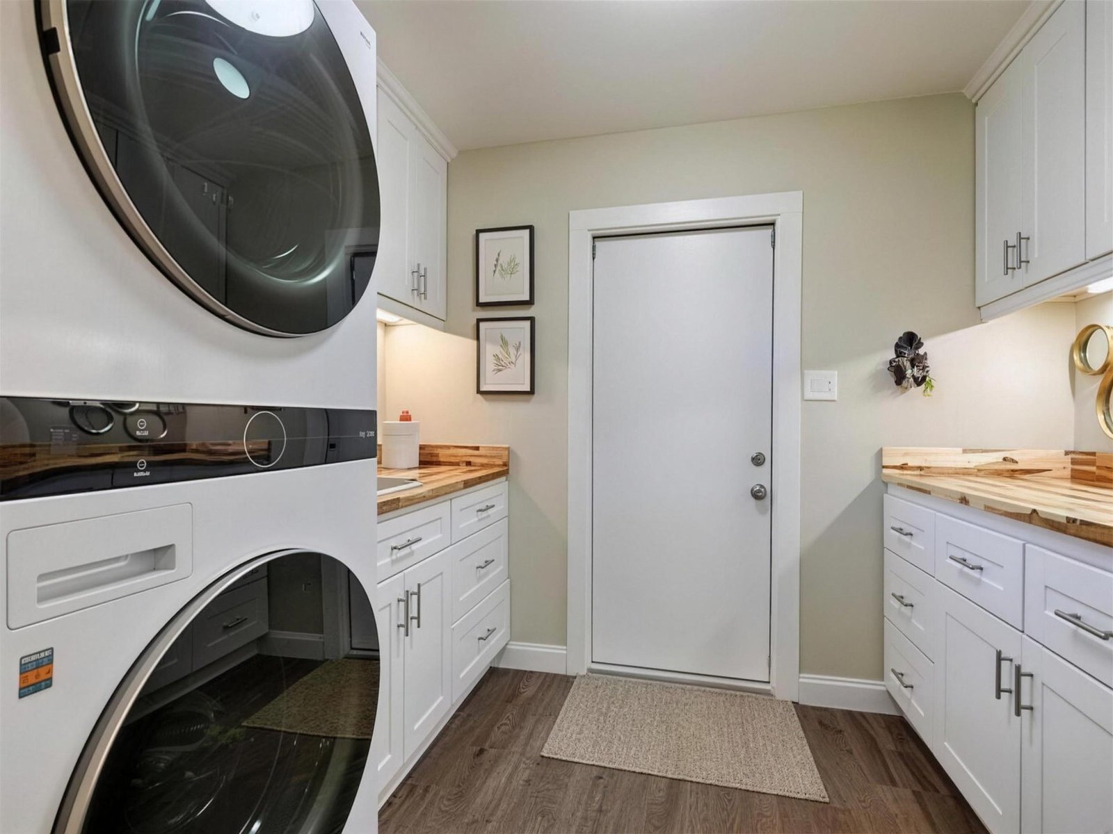 Laundry room remodel in Carrollton, TX — stacked washers butcher block — UHS Remodeling project