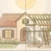 Editorial illustration of one house split in two: finished with a yard sign on the left, mid-renovation with scaffolding on the right