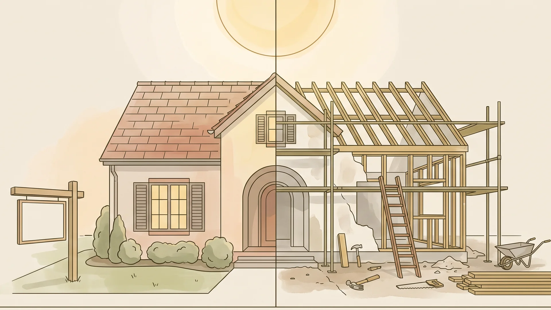 Editorial illustration of one house split in two: finished with a yard sign on the left, mid-renovation with scaffolding on the right