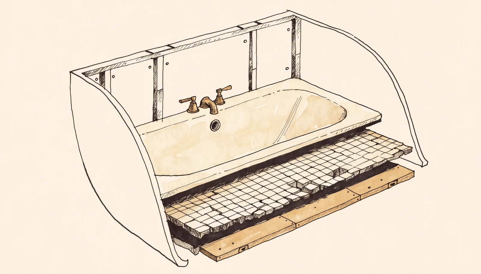 Ink-and-wash cutaway of an acrylic liner installed over an existing tub and tile wall, showing the original layers sealed beneath the new shell, design study