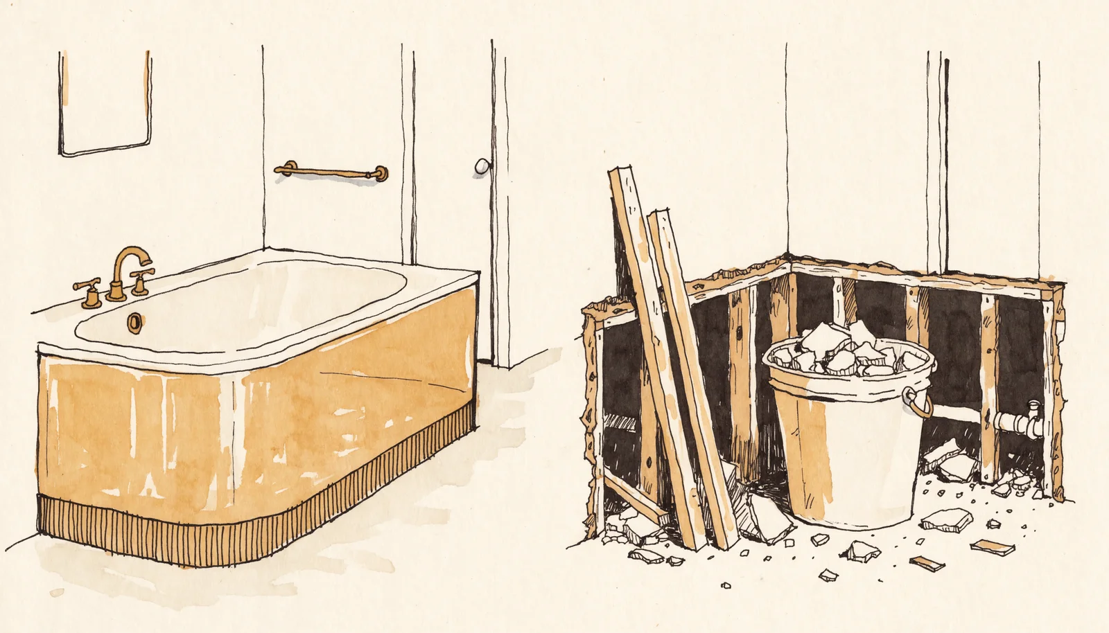 Ink-and-wash vignette pair contrasting a covered tub alcove with an opened bathroom wall stripped to the studs during remodel demolition, design study