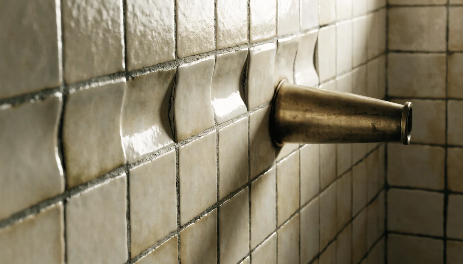 Ink-and-wash detail of a hand pressing a tile wall beside a tub spout, checking for the soft spots and flex that signal moisture behind the surface, design study