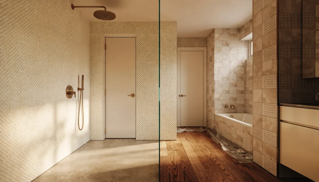 Photorealistic interior-design visualization of a warm cream and brass bathroom with a freshly tiled walk-in shower beside an older tub alcove awaiting work, design study