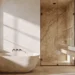 Photorealistic bathroom design render: freestanding stone tub, travertine walk-in shower, floating oak vanity, brass fixtures - design study