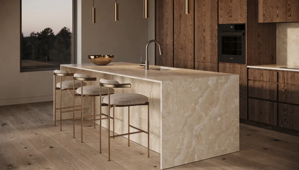 Photorealistic kitchen design render: stone waterfall island with seating, brass pendants, walnut cabinetry - design study