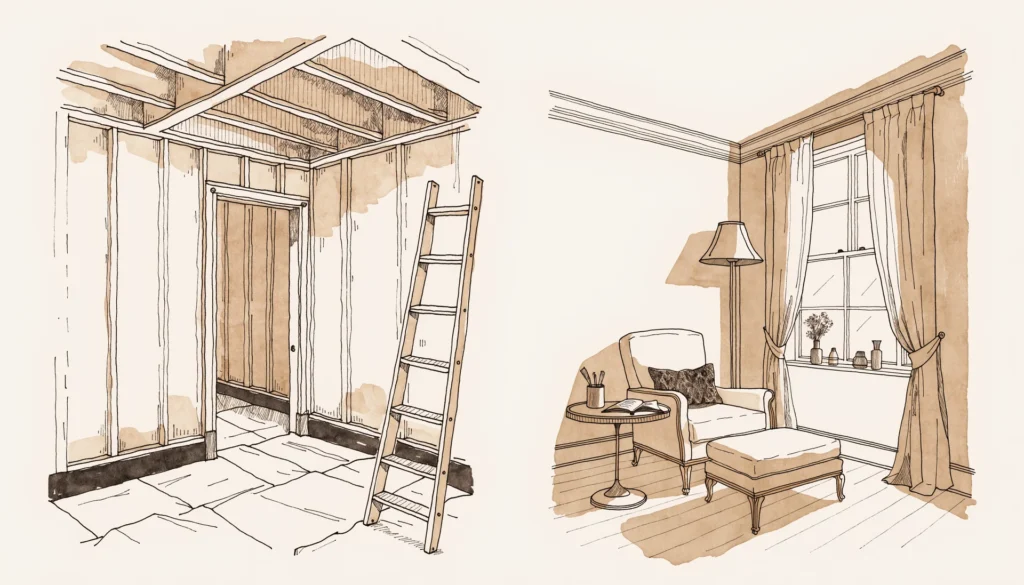 Ink-and-wash illustration of a living room mid-remodel resolving into a finished reading corner - design study