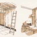 Ink-and-wash illustration of a living room mid-remodel resolving into a finished reading corner - design study