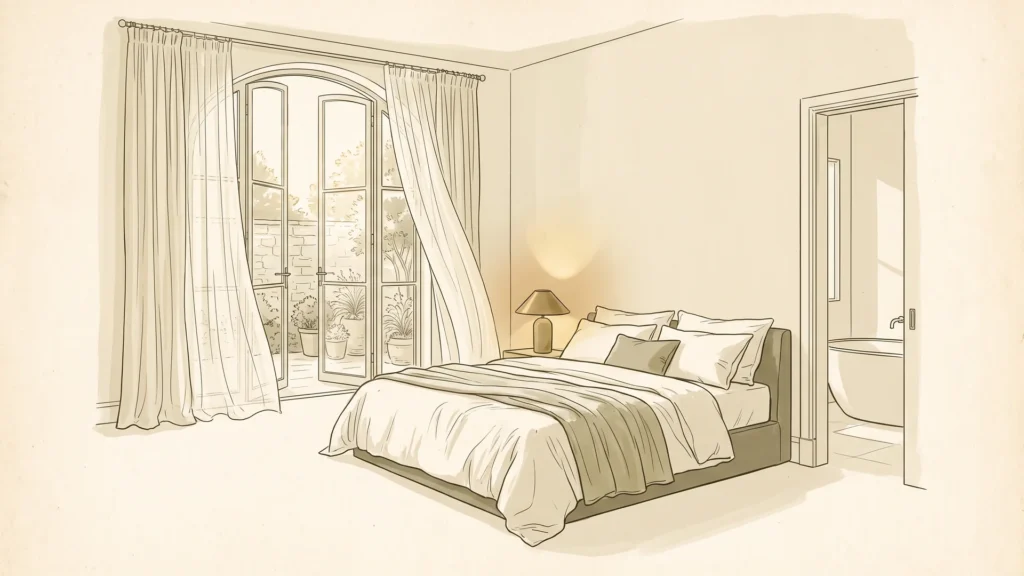 Editorial illustration of a primary suite with French doors to a private garden and a bath beyond
