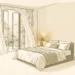 Editorial illustration of a primary suite with French doors to a private garden and a bath beyond