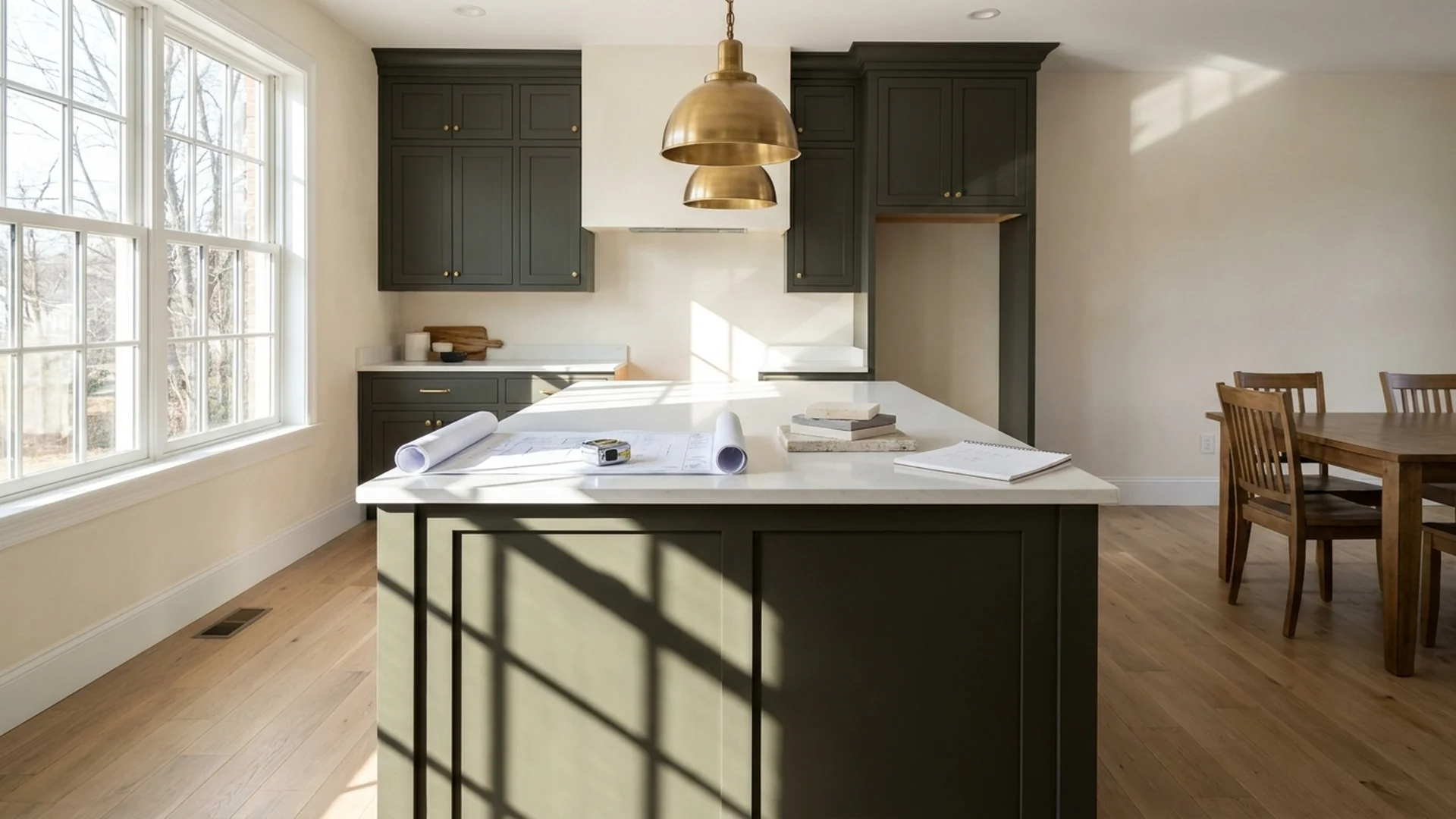 Transitional kitchen with a dark olive island, brass pendant lights and white oak floors, with rolled floor plans, a tape measure, stone samples and a notepad laid out on the countertop — illustrating remodel budget planning in Dallas–Fort Worth