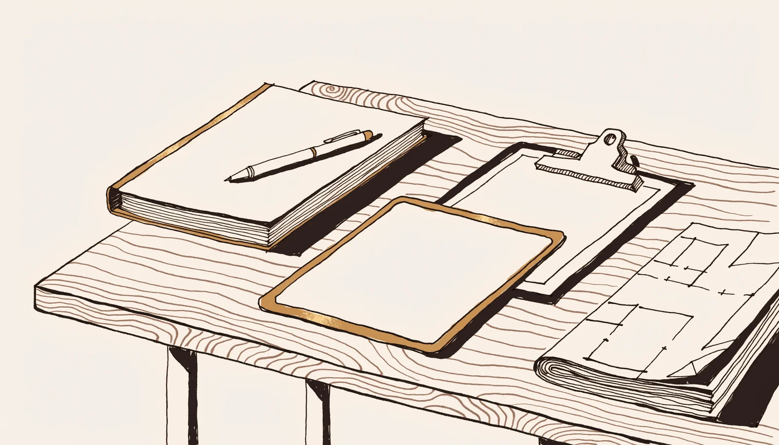 Ink-and-wash still life of a remodeling contract, permit documents and inspection checklist on a work table, design study