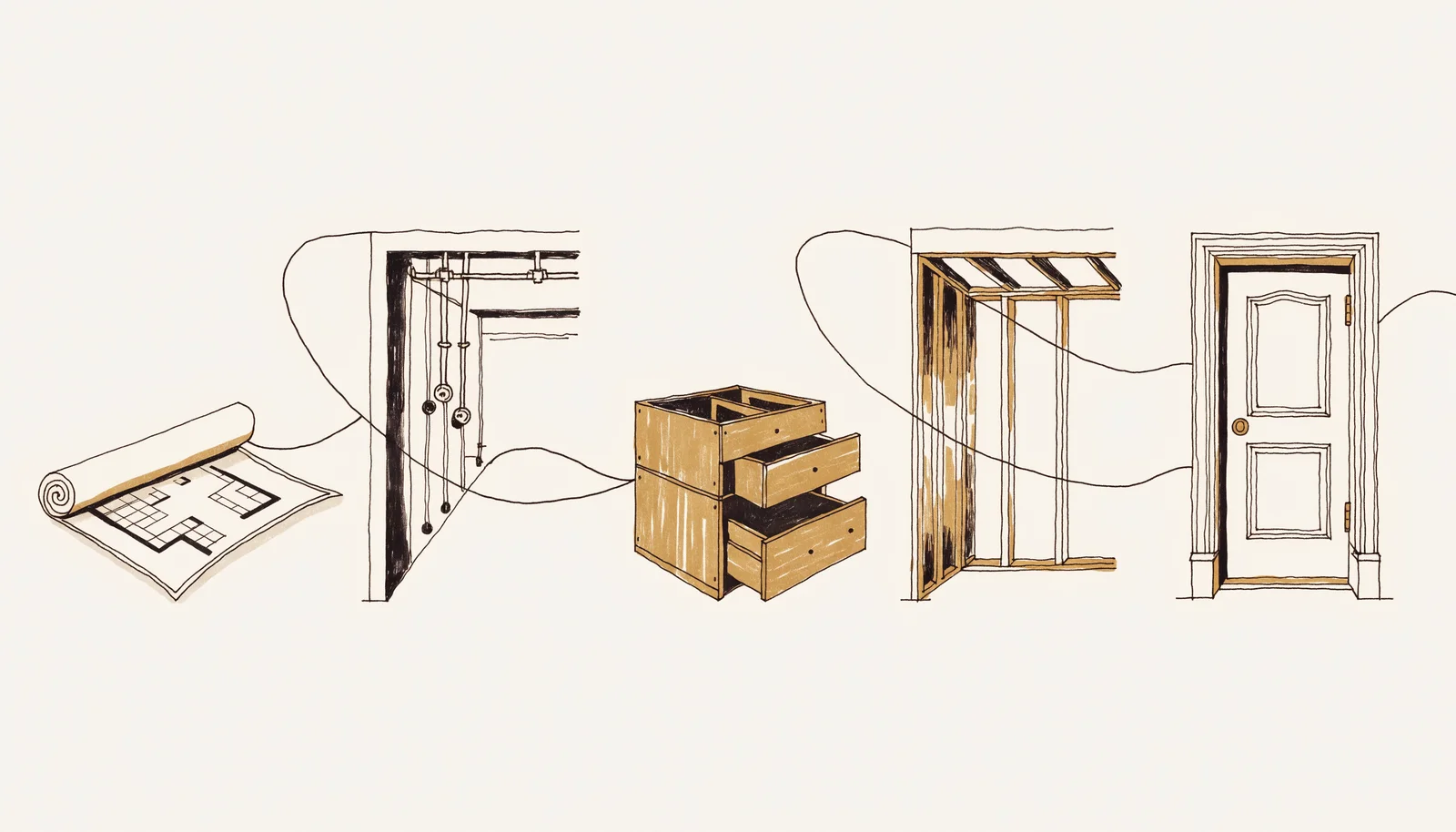Ink-and-wash sequence diagram of five remodeling quality-control checkpoints from planning through final walkthrough, design study