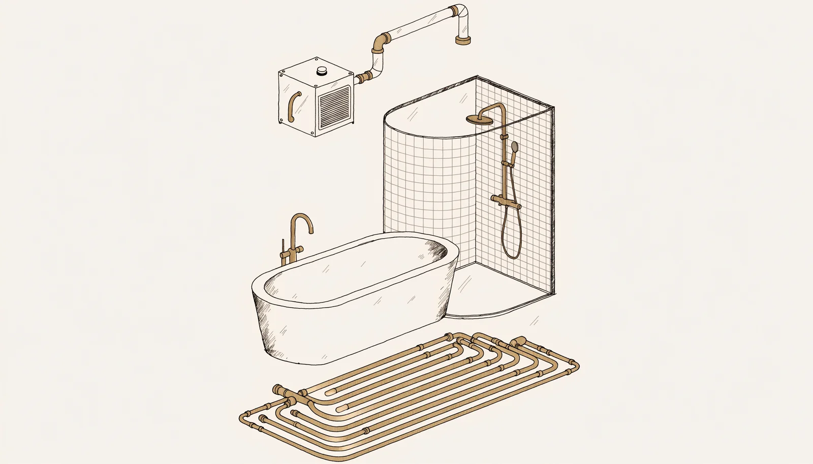 Spa bathroom with freestanding soaking tub, oversized shower, and heated floor layer, design study