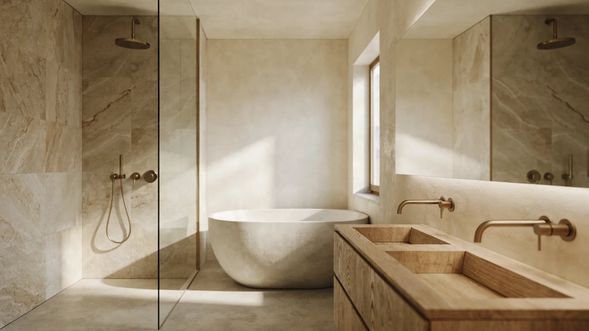 Primary bathroom with a freestanding tub, frameless walk-in shower and oak double vanity - UHS Remodeling design study