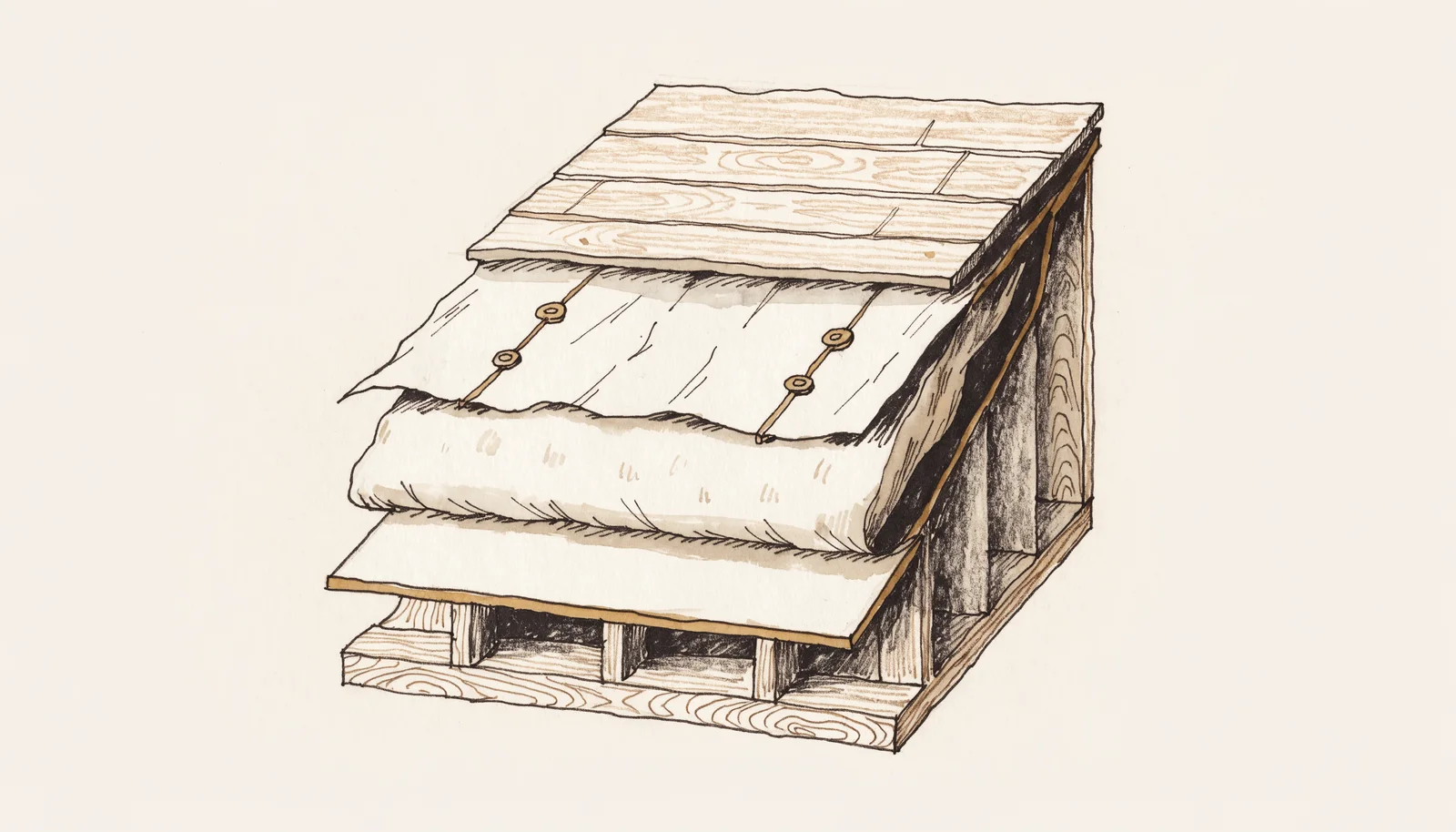 Ink-and-wash cutaway of a residential wall assembly showing waterproofing and moisture barrier layers behind the finish surface, design study
