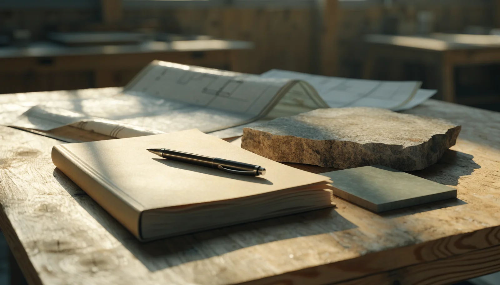 Ink-and-wash still life of a remodeling contract, pen and material samples arranged on a work table, design study