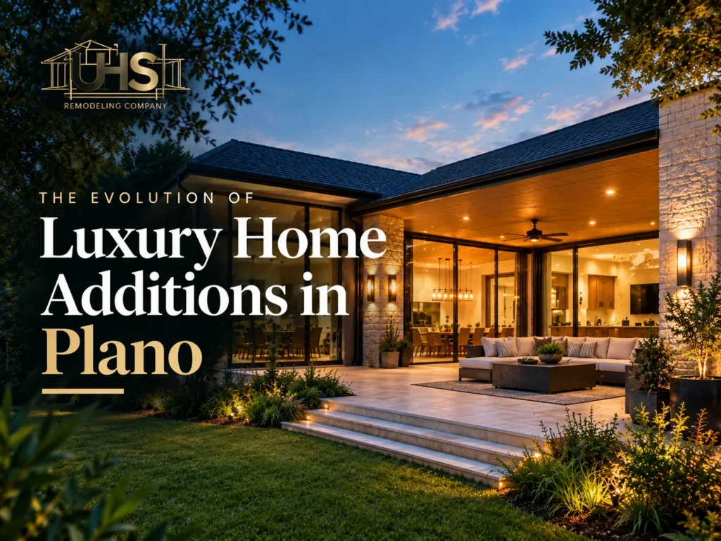 Luxury home addition in Plano, Texas, featuring modern architecture, a spacious covered patio, and landscaped outdoor areas