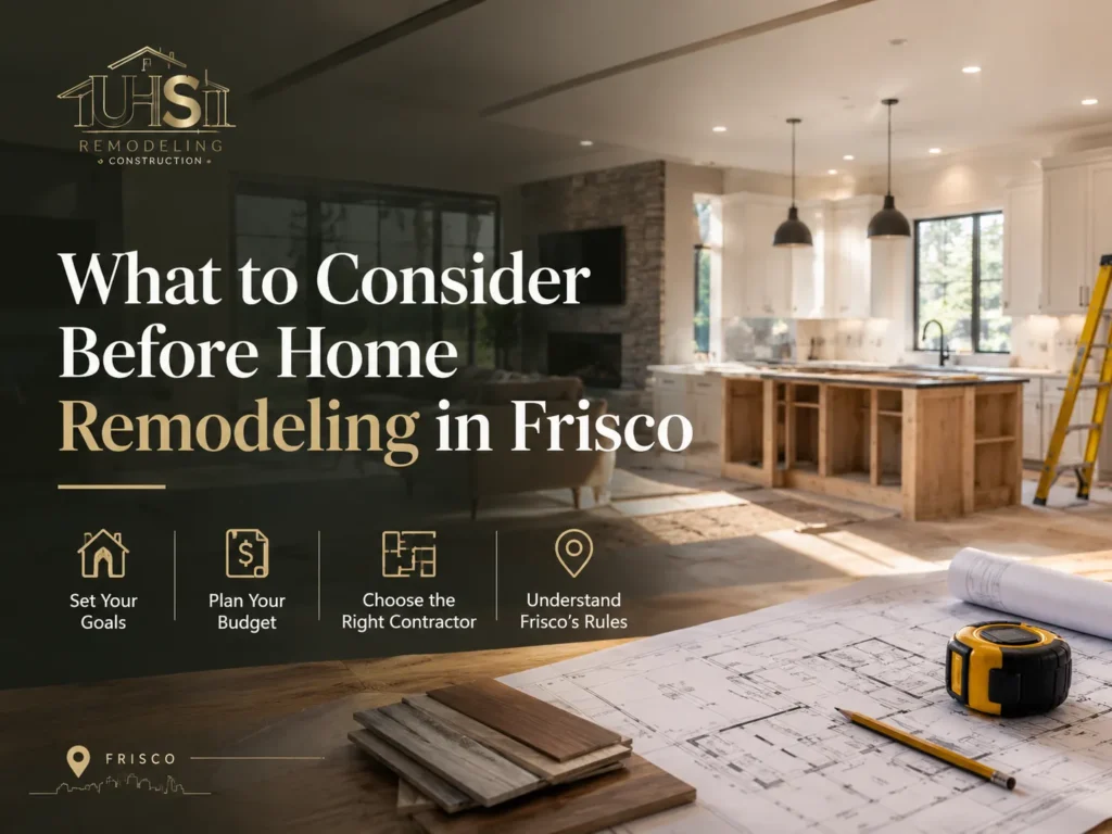 Home remodeling in Frisco featuring a modern kitchen renovation and UHS Remodeling and Construction branding.