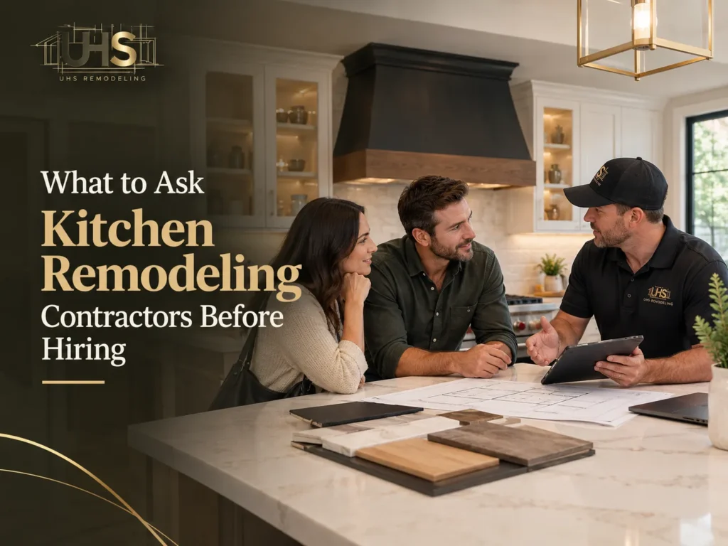 Kitchen remodeling contractors discussing plans with homeowners